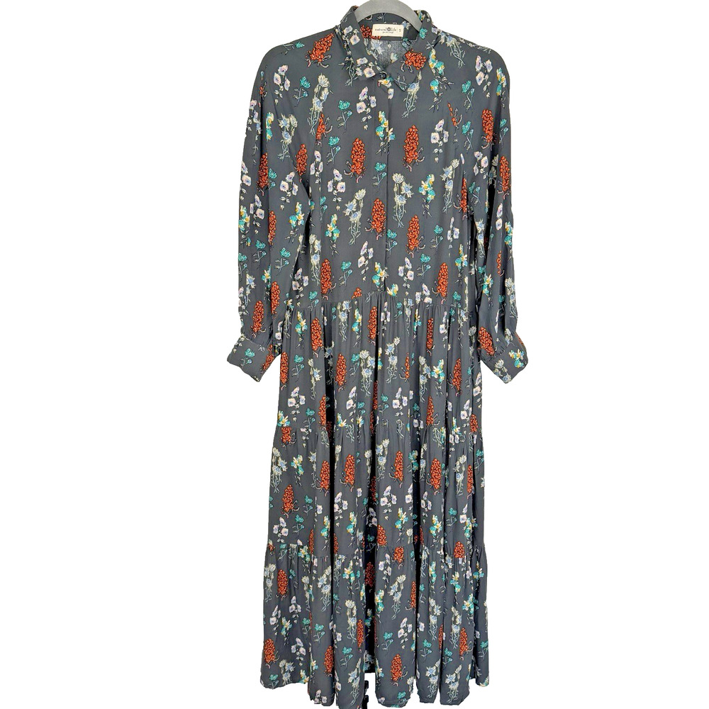 Natural Life Tiered Maxi Dress Size Small Gray Floral Prairie Boho Cottagecore - Picture 2 of 13